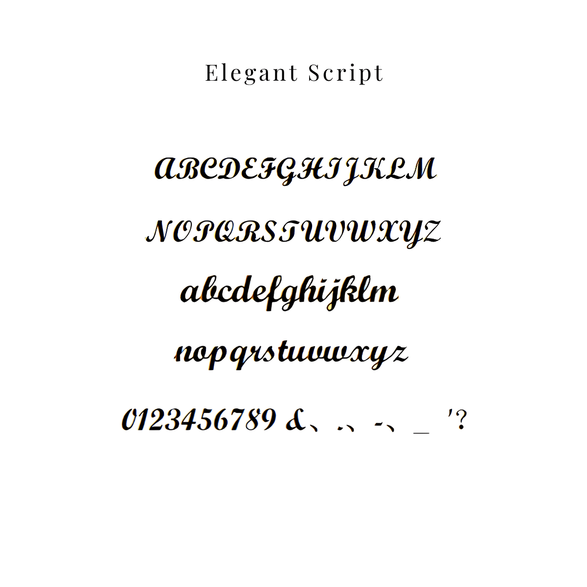 A font sample titled 'Elegant Script' showing uppercase and lowercase alphabet characters, numbers, and punctuation in a black cursive style on a plain white background.
